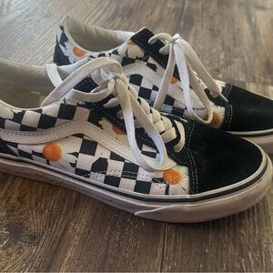 Vans Kids Black and White Checkered Sneakers with Orange Dots